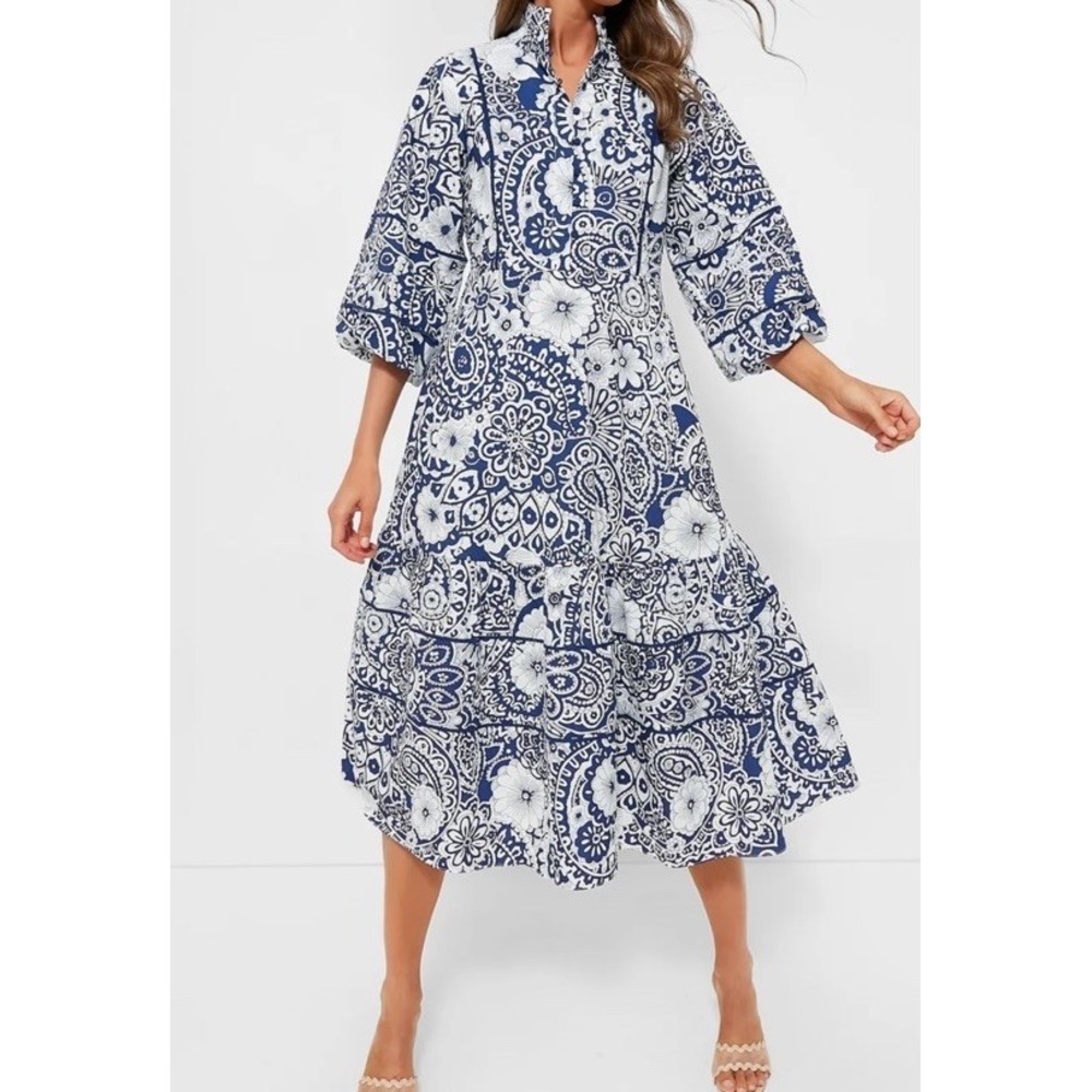Hyacinth House XXL Navy White Floral Cotton Maxi Dress Tiered Puff Sleeves NWT